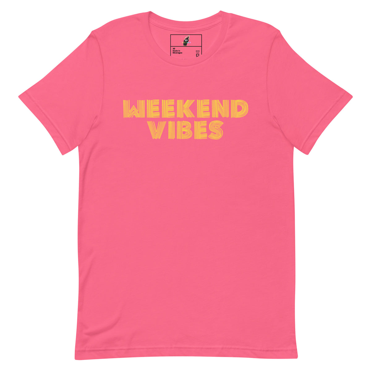 A bright pink short-sleeve crewneck t-shirt with 'WEEKEND VIBES' printed across the chest in a textured yellow font, displayed on a clean white background.