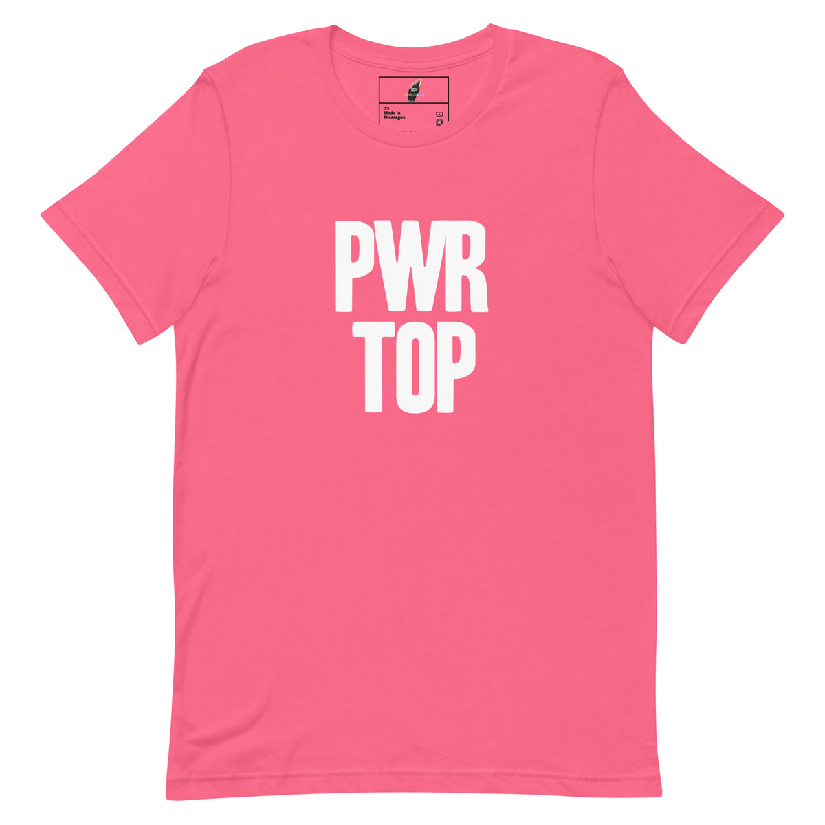 A bright pink short-sleeve crewneck t-shirt with the words 'PWR TOP' printed in bold white capital letters on the front, displayed on a clean white background.