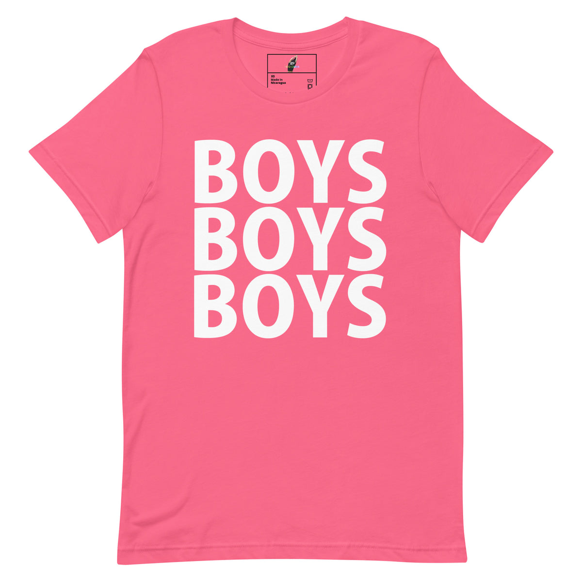 A pink short-sleeve crewneck t-shirt featuring the word 'BOYS' printed vertically four times in bold white capital letters on the front.