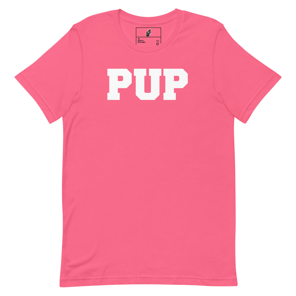 A bright pink short-sleeve crewneck t-shirt with the word 'PUP' printed in bold white varsity-style block letters across the chest, displayed flat against a solid white background.