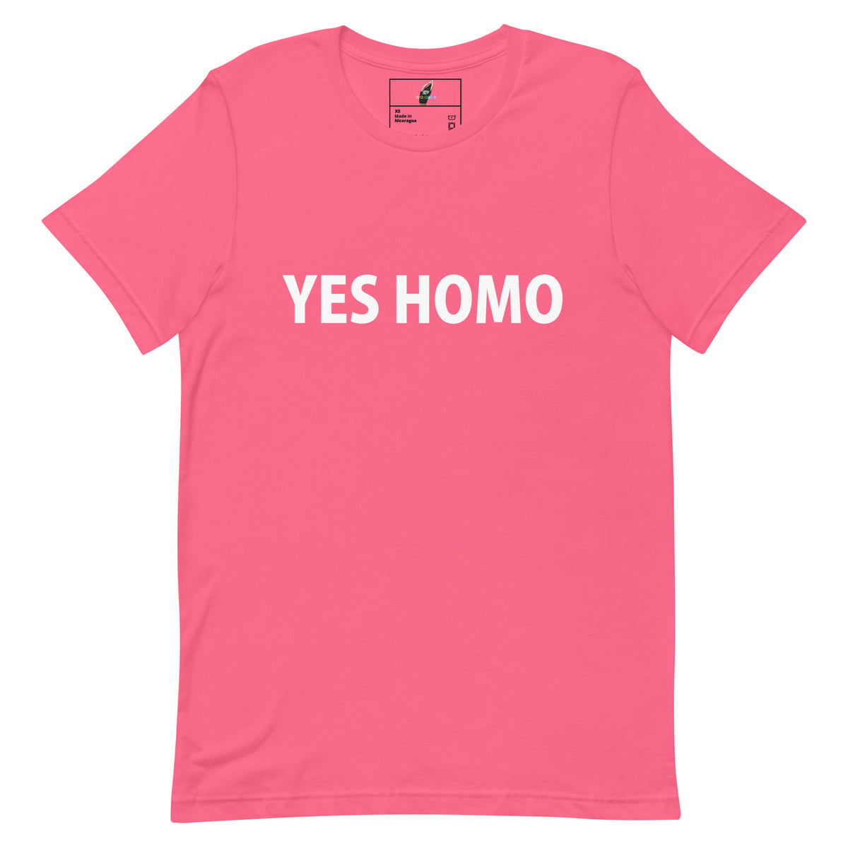 A bright pink short-sleeve crewneck t-shirt with the words 'YES HOMO' printed in bold white capital letters across the chest, displayed flat against a solid white background.