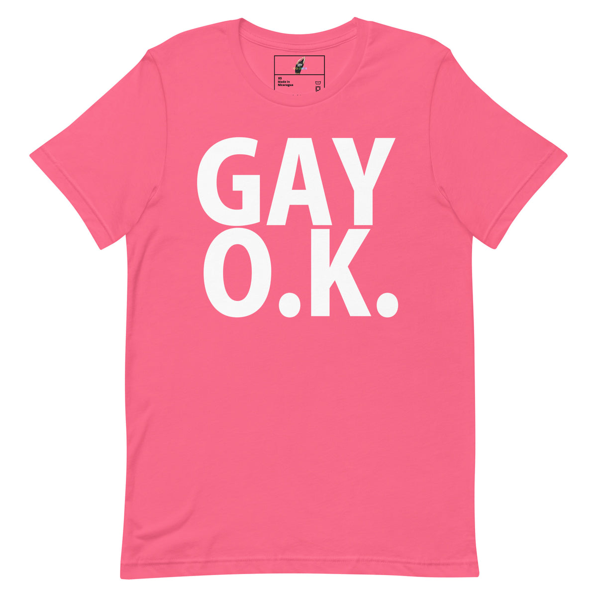 A bright pink short-sleeve t-shirt with the words 'GAY O.K.