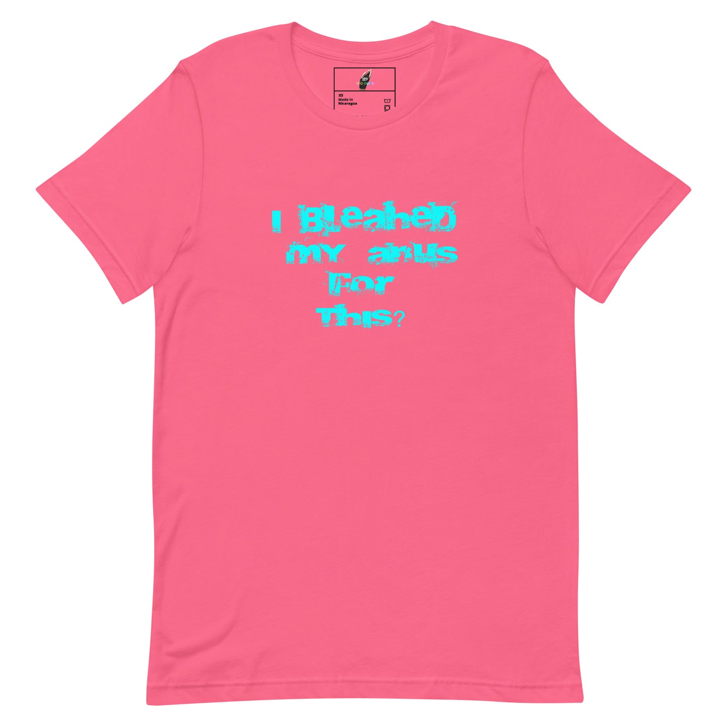 A bright pink short-sleeve crewneck t-shirt with a bright cyan text graphic on the chest that reads 'I REFUSE MY SMILES CAN'T KEEP ME THIS?'. The shirt is displayed flat against a solid white background.