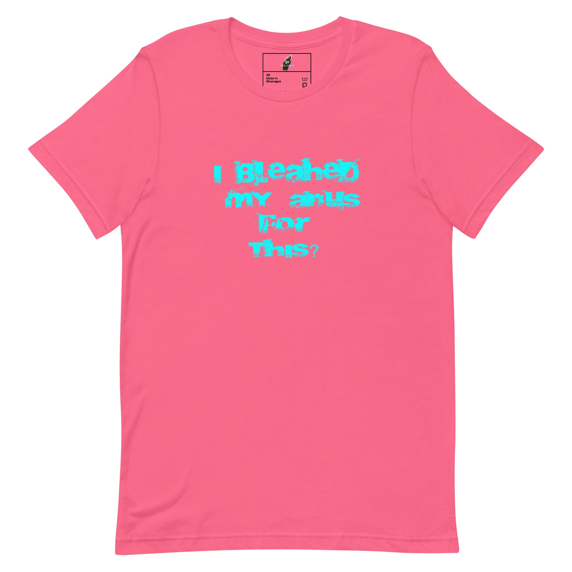 A bright pink short-sleeve crewneck t-shirt with a bright cyan text graphic on the chest that reads 'I REFUSE MY SMILES CAN'T KEEP ME THIS?'. The shirt is displayed flat against a solid white background.