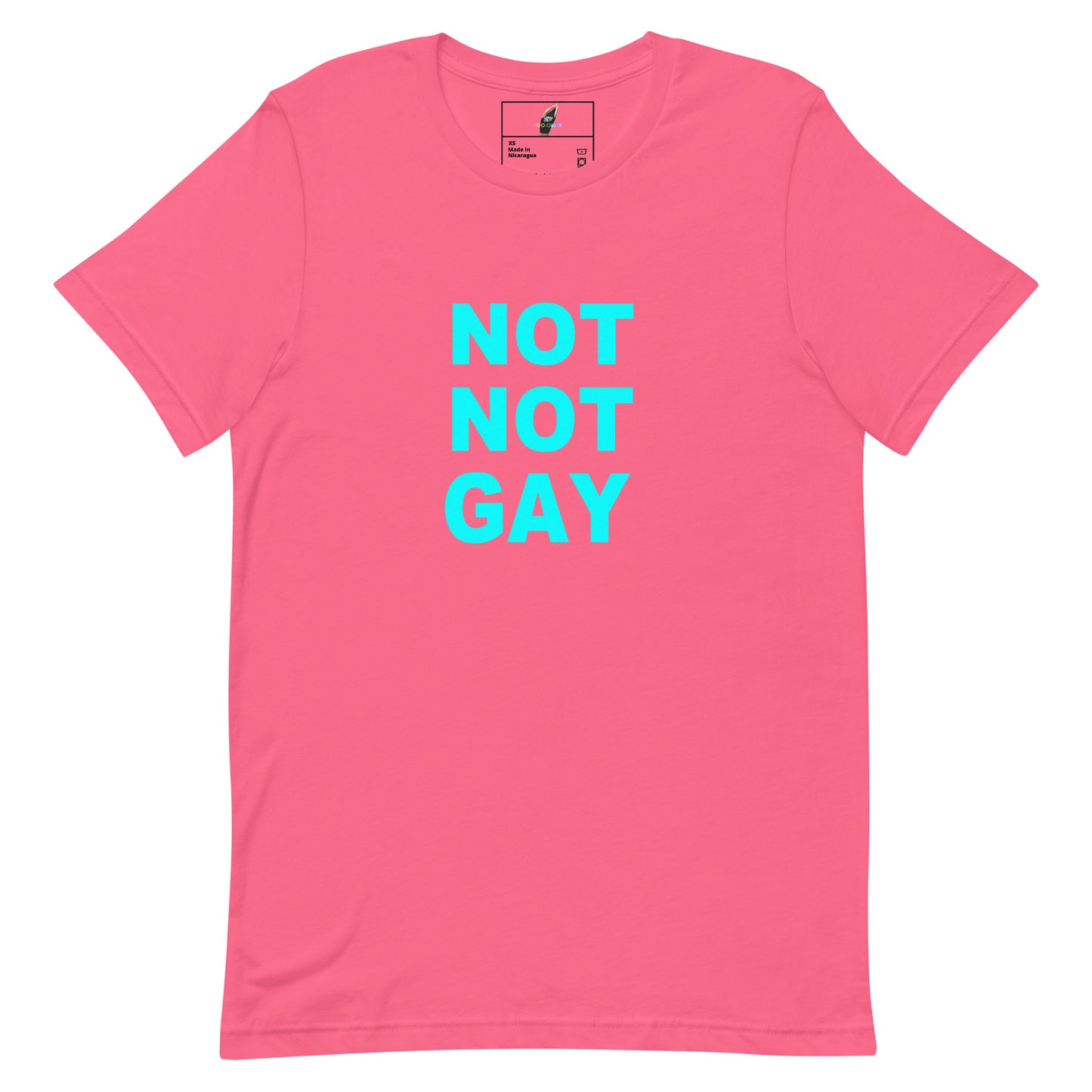 A bright pink short-sleeve crewneck t-shirt with the words 'NOT NOT GAY' printed in bold turquoise block letters stacked vertically on the chest, shown against a plain white background.