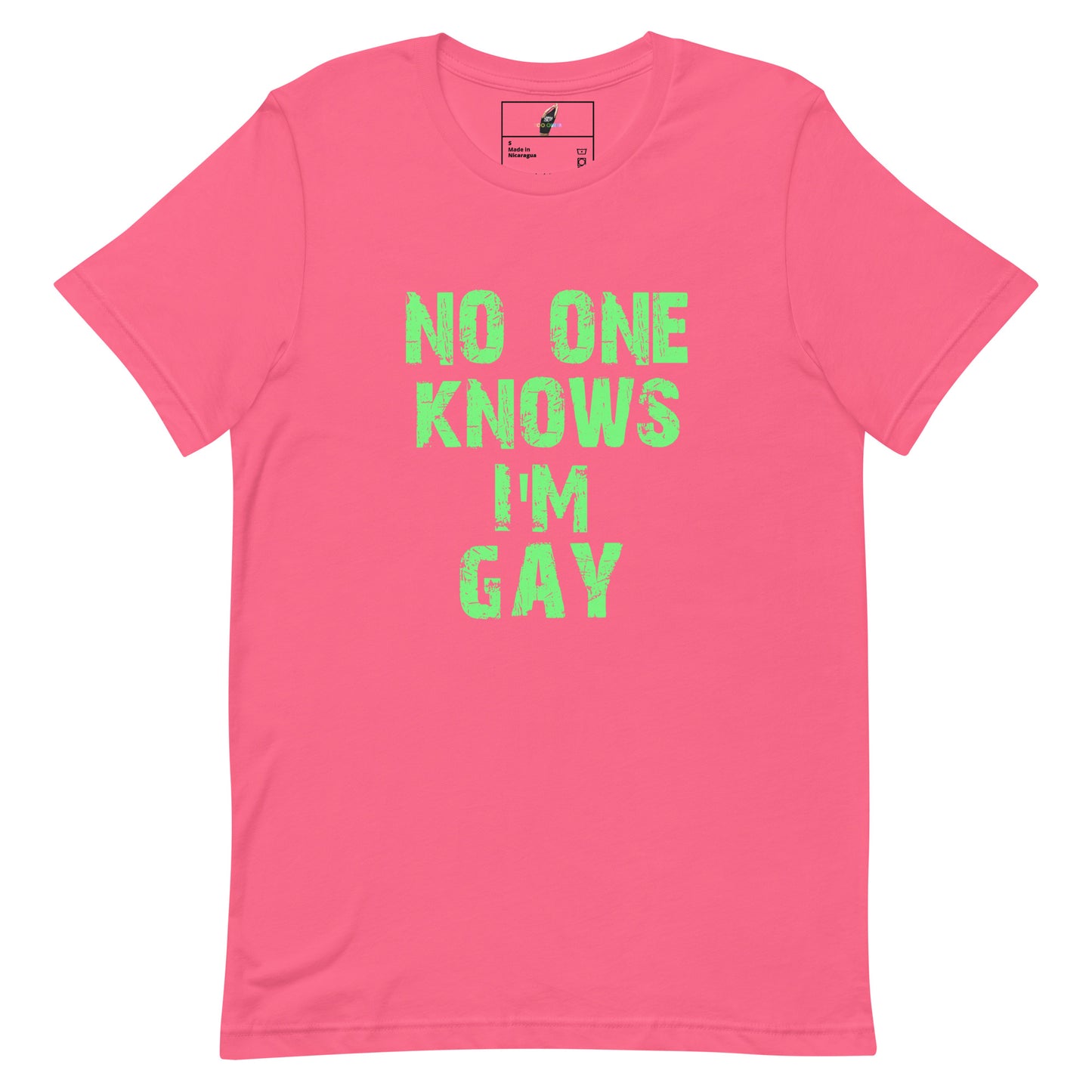 A pink short-sleeve crewneck t-shirt with the phrase 'NO ONE KNOWS I'M GAY' printed in a bright neon green textured font on the front, displayed flat against a solid white background.