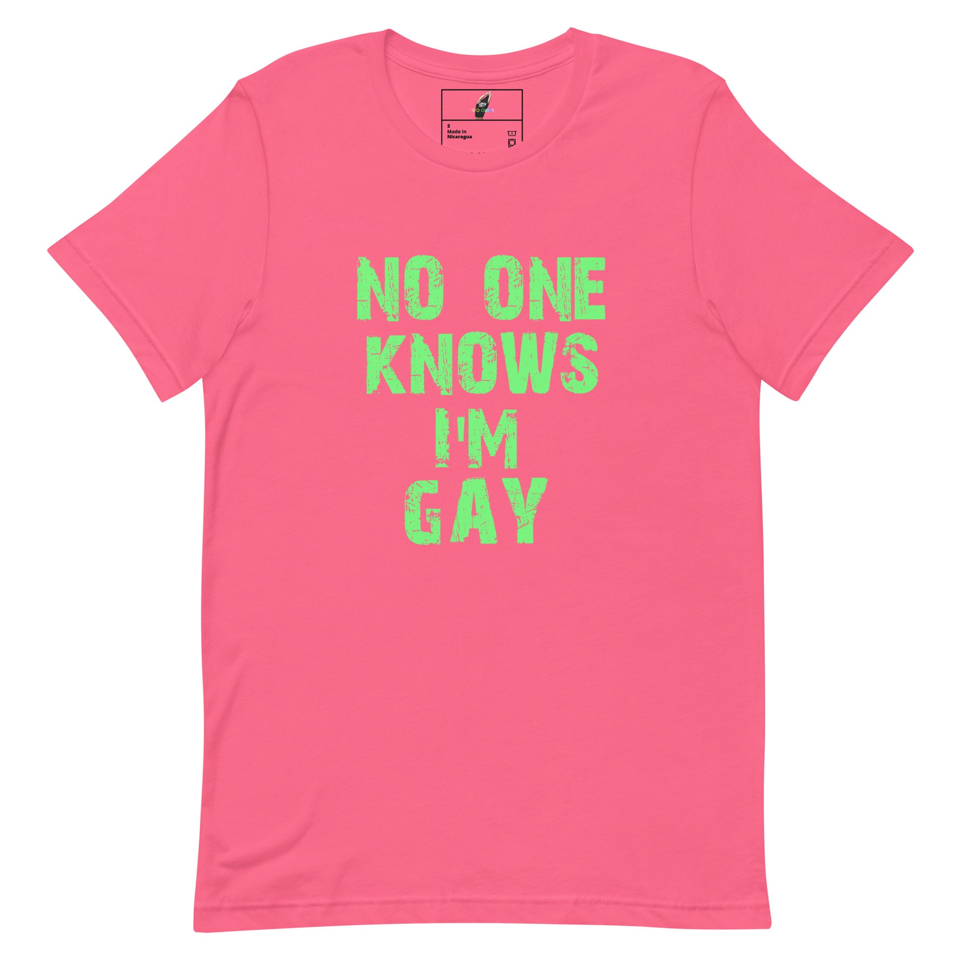 A pink short-sleeve crewneck t-shirt with the phrase 'NO ONE KNOWS I'M GAY' printed in a bright neon green textured font on the front, displayed flat against a solid white background.