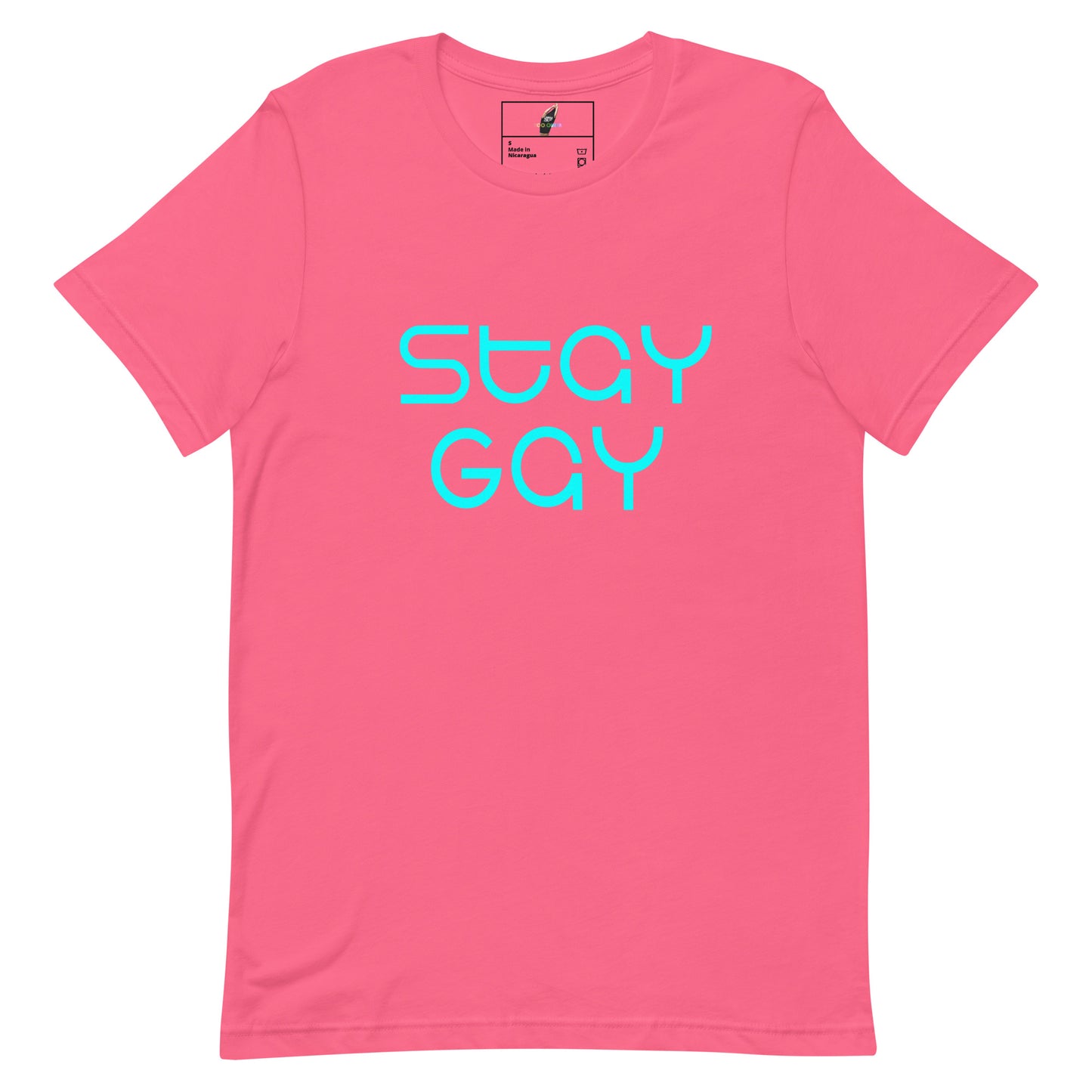 A pink short-sleeve crewneck t-shirt with the words 'stay GAY' printed in a bright cyan, stylized font across the chest.