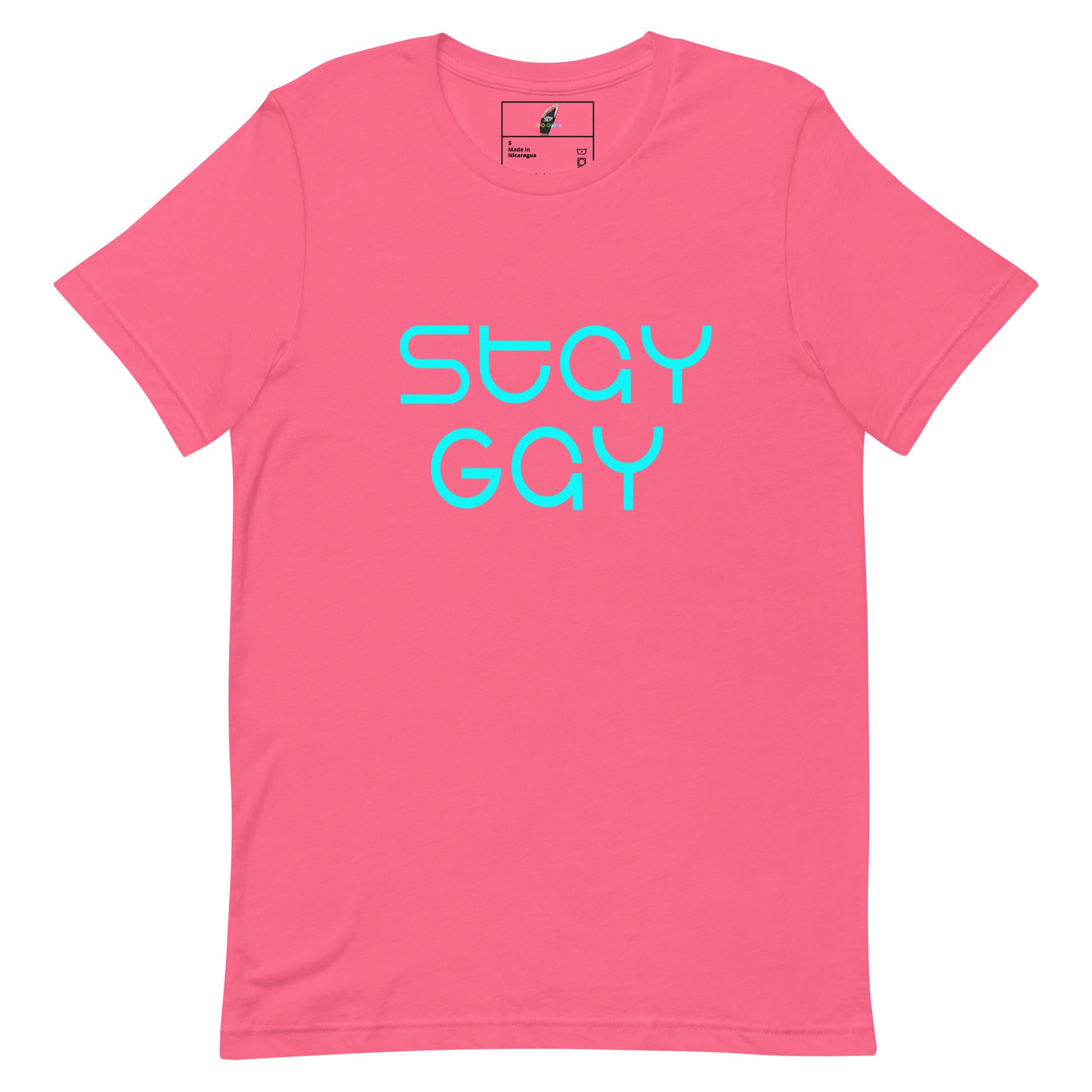 A pink short-sleeve crewneck t-shirt with the words 'stay GAY' printed in a bright cyan, stylized font across the chest.