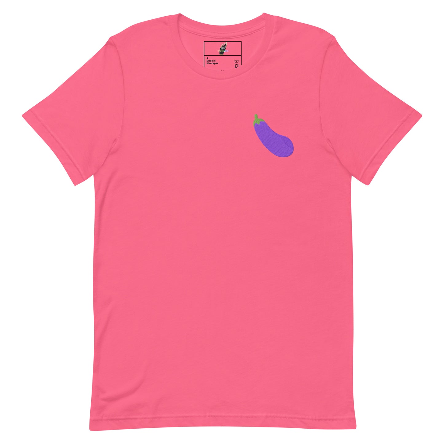 A pink short-sleeve crewneck t-shirt featuring a small purple eggplant graphic on the left chest, displayed on a clean white background.