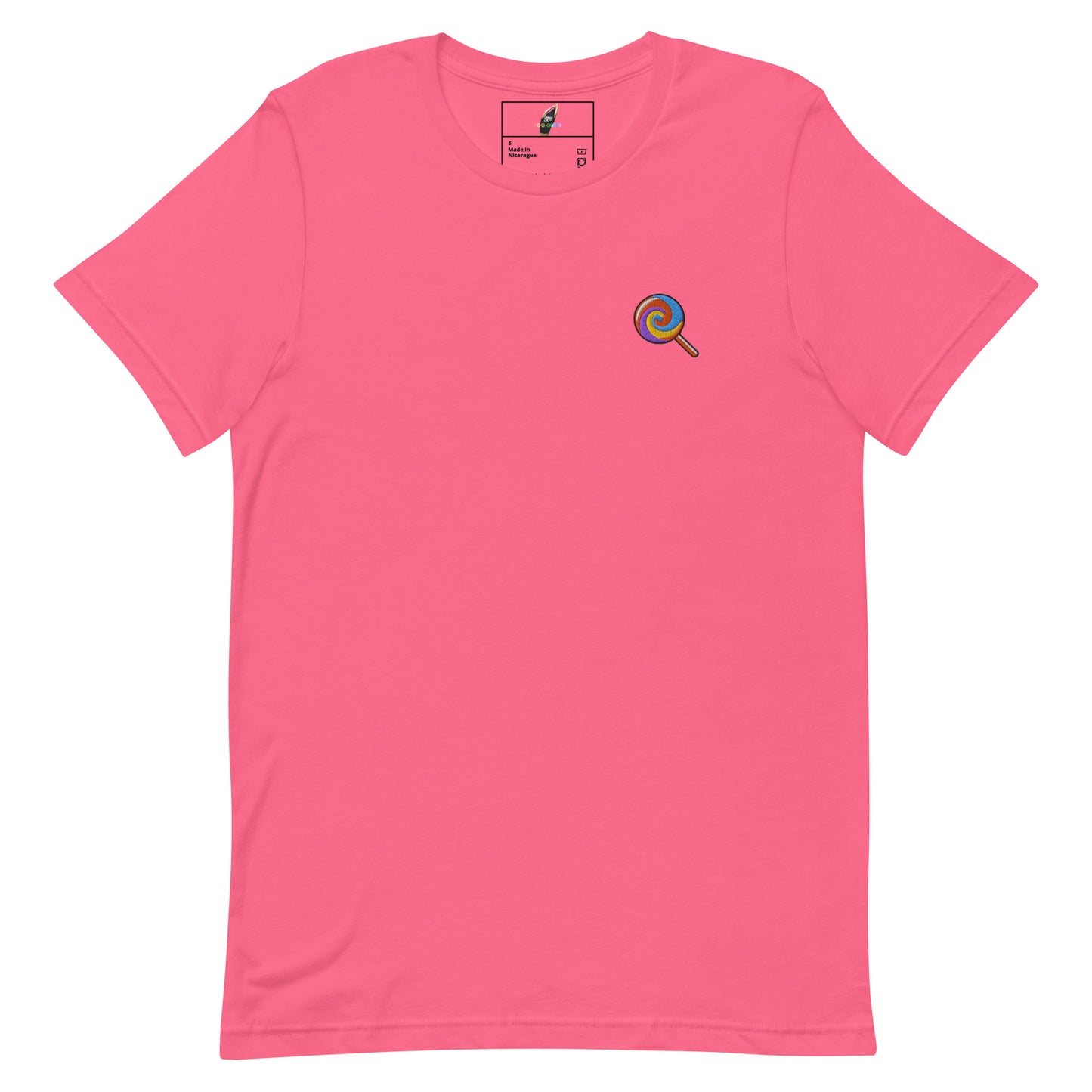 A bright pink short-sleeve crewneck t-shirt with a small colorful circular graphic on the left chest, displayed flat against a solid white background.