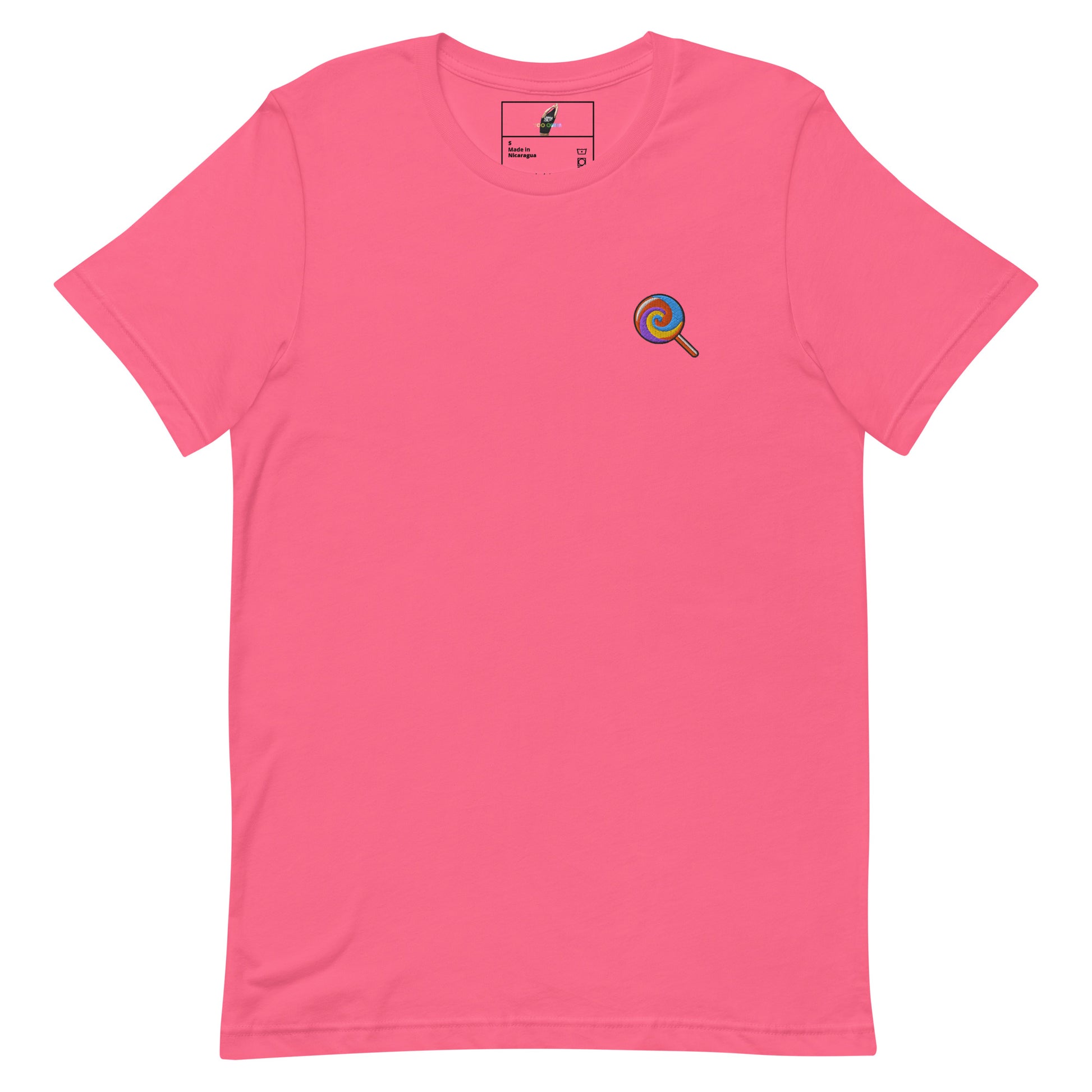 A bright pink short-sleeve crewneck t-shirt with a small colorful circular graphic on the left chest, displayed flat against a solid white background.