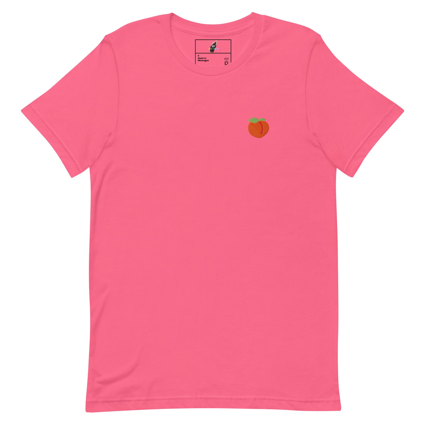 A bright pink short-sleeve crewneck t-shirt with a small embroidered peach graphic on the left chest, displayed flat against a solid white background.