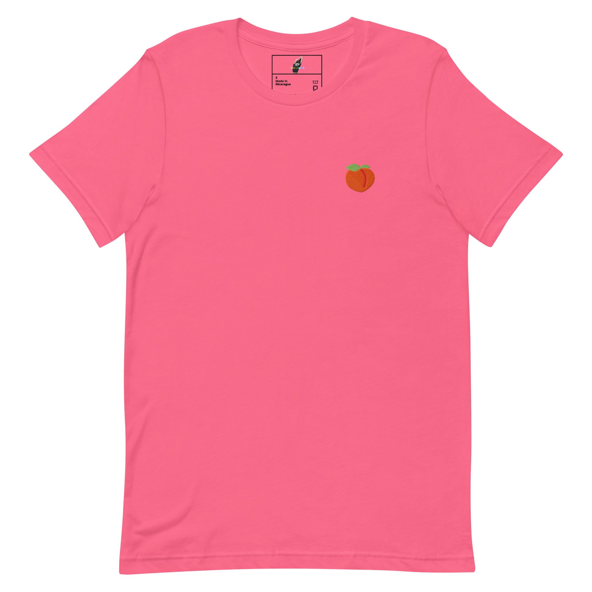 A bright pink short-sleeve crewneck t-shirt with a small embroidered peach graphic on the left chest, displayed flat against a solid white background.