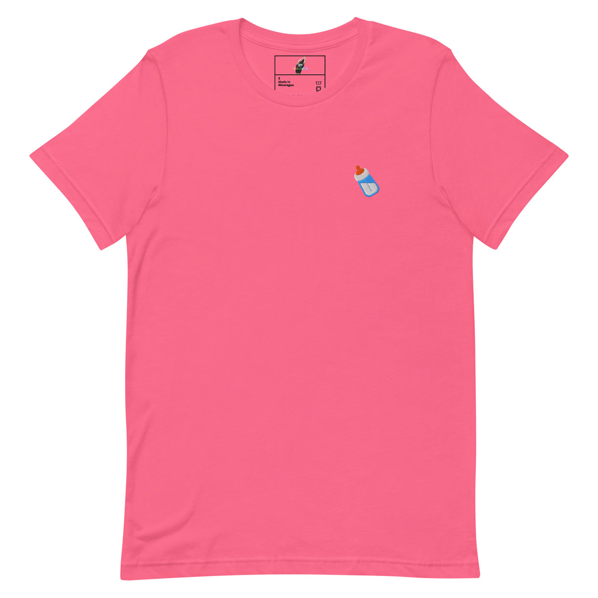 A bright pink short-sleeve crewneck t-shirt with a small graphic of a blue baby bottle on the left chest, displayed flat against a solid white background.