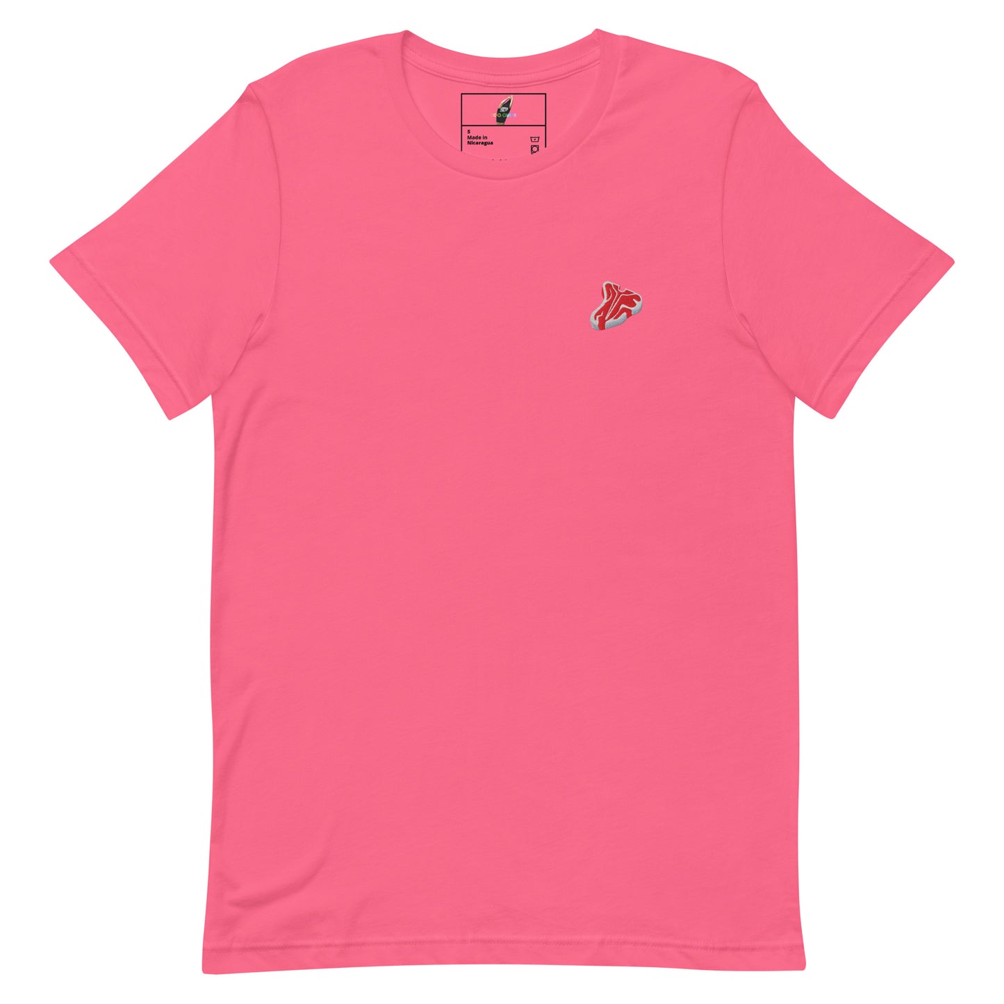 A bright pink short-sleeve crewneck t-shirt with a small red, white, and blue bird logo on the left chest, displayed flat against a white background.