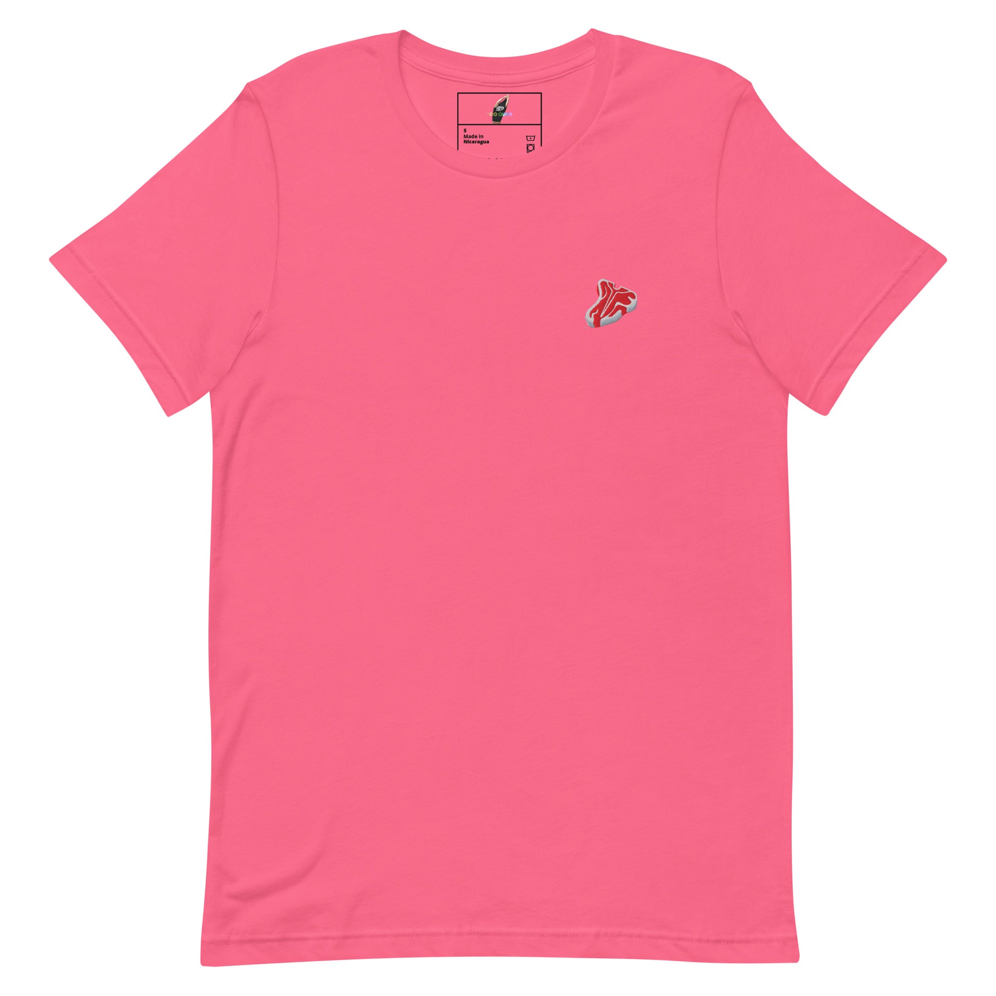 A bright pink short-sleeve crewneck t-shirt with a small red, white, and blue bird logo on the left chest, displayed flat against a white background.