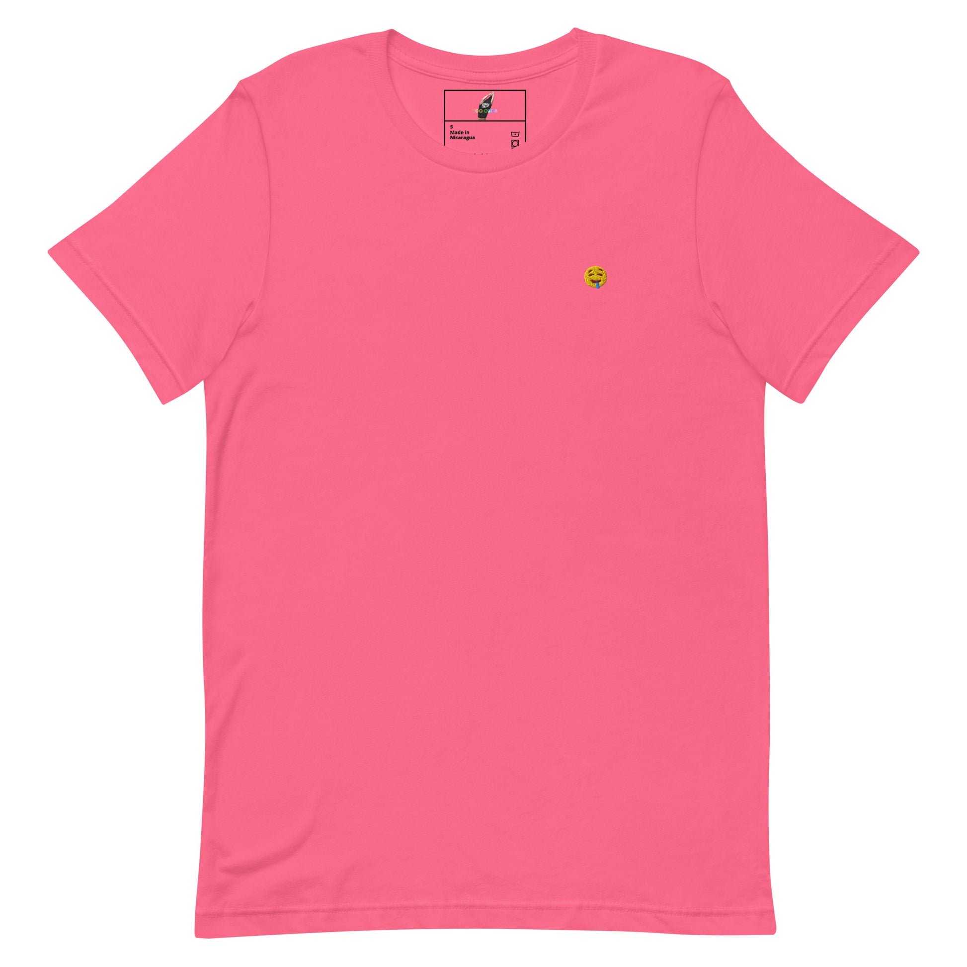 Pink t-shirt with text on a white background