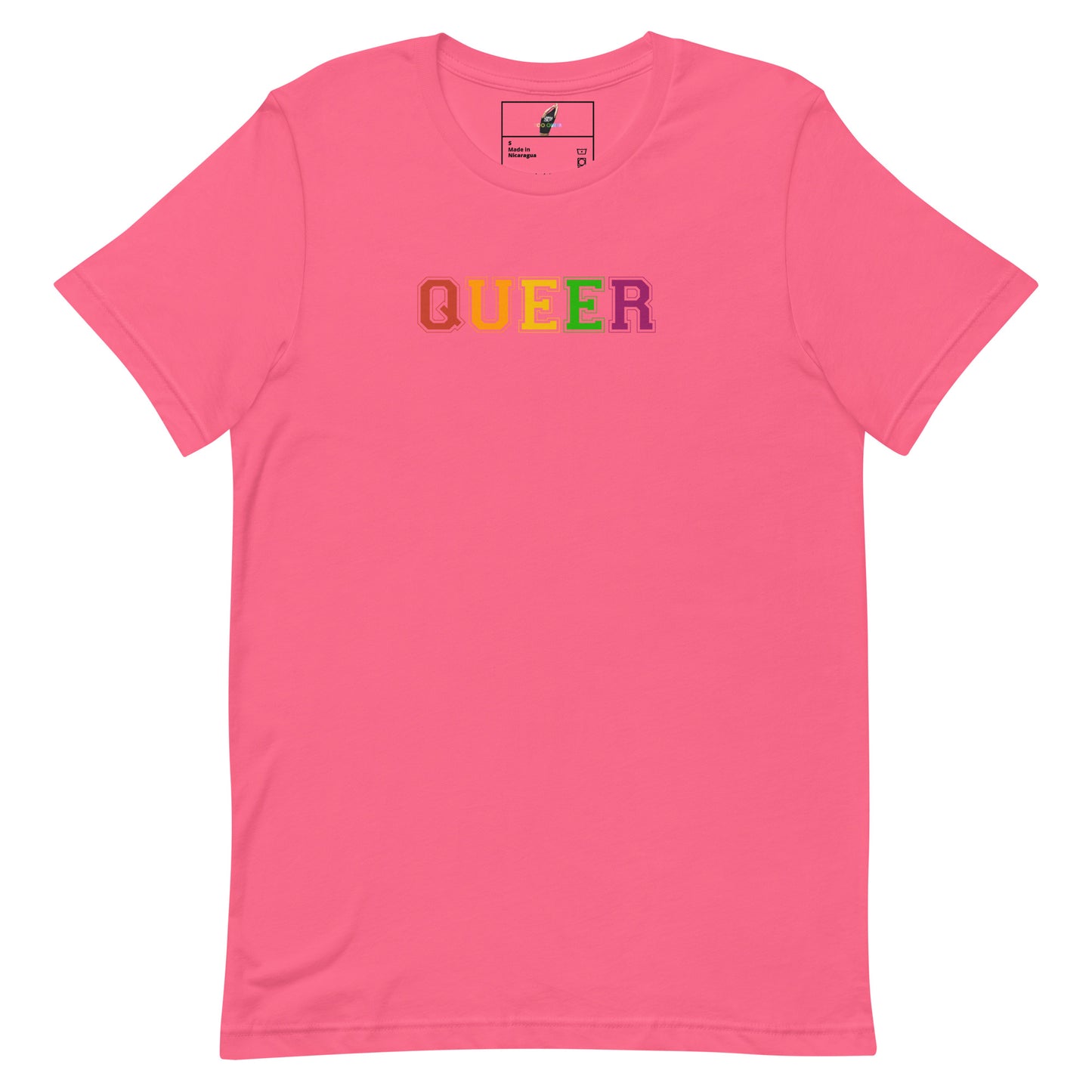 A pink short-sleeve crewneck t-shirt featuring the word 'QUEER' printed across the chest in rainbow-colored block letters, displayed on a clean white background.