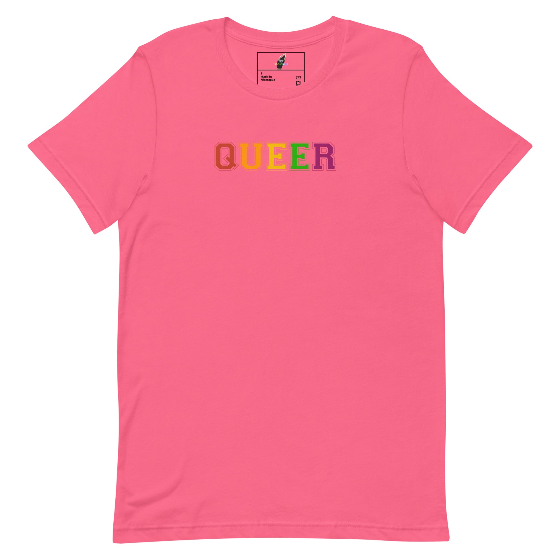 A pink short-sleeve crewneck t-shirt featuring the word 'QUEER' printed across the chest in rainbow-colored block letters, displayed on a clean white background.