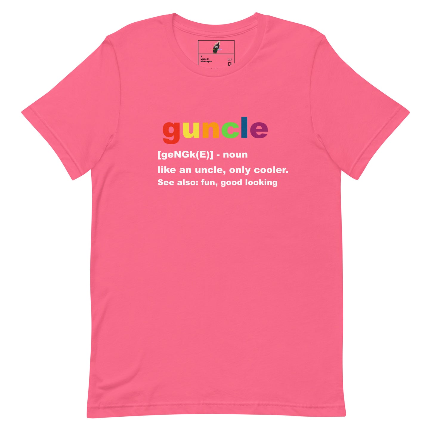 A pink short-sleeve t-shirt with a colorful graphic on the chest spelling 'guncle' in rainbow colors, followed by a dictionary-style definition in white text.