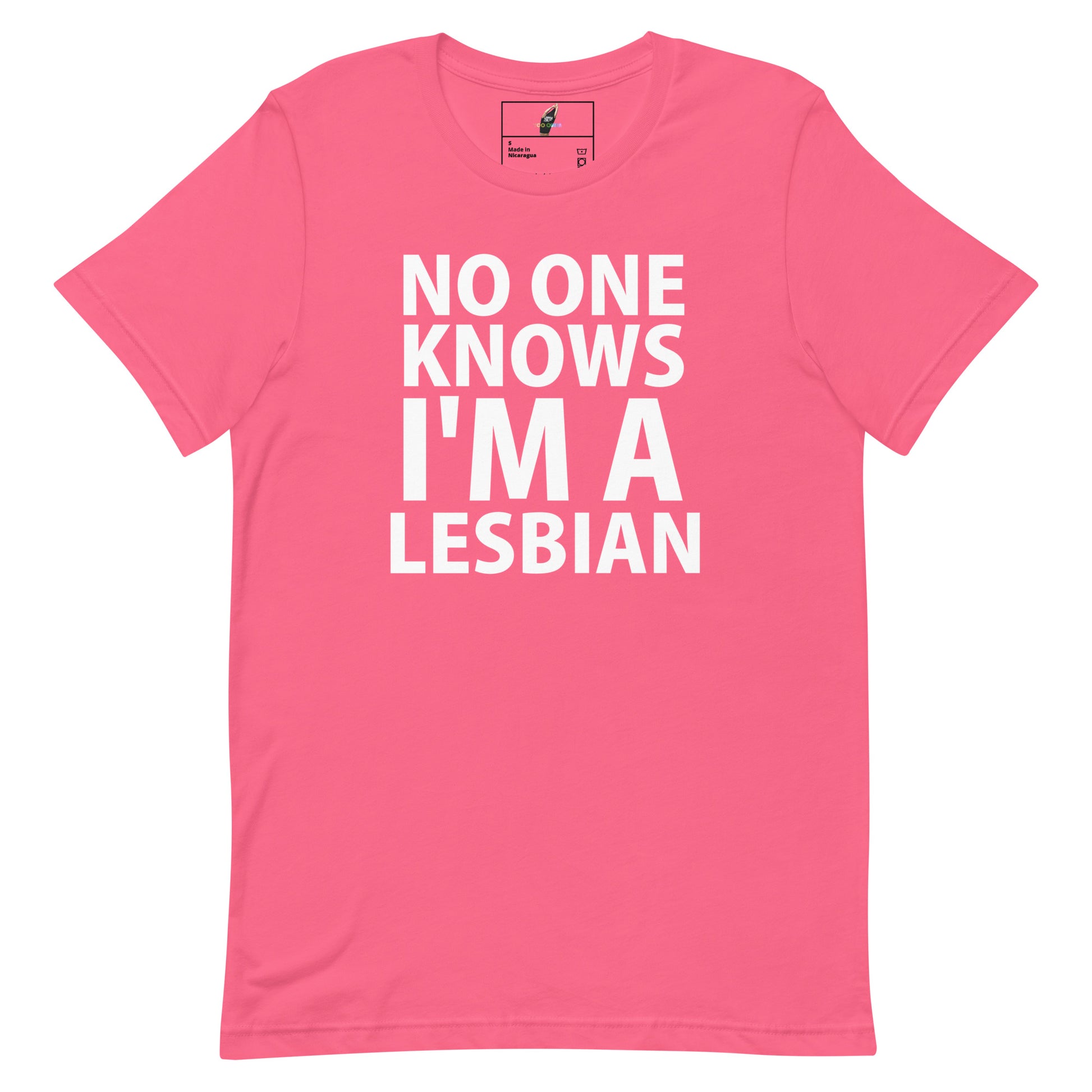 A pink short-sleeve crewneck t-shirt with bold white text on the front reading 'NO ONE KNOWS I'M A LESBIAN'. The shirt is displayed flat against a solid white background, with a small brand label visible inside the collar.