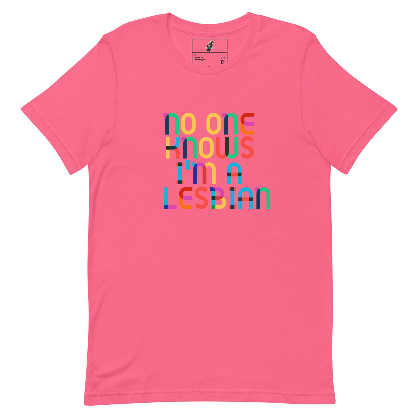 A pink short-sleeve crewneck t-shirt featuring a colorful graphic text print on the front that reads 'no one knows i'm a LESBIAN' in a rainbow gradient. The shirt is displayed flat against a solid white background.