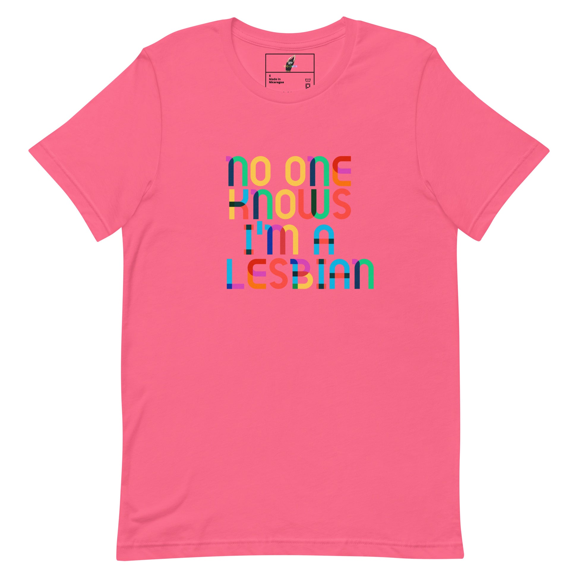 A pink short-sleeve crewneck t-shirt featuring a colorful graphic text print on the front that reads 'no one knows i'm a LESBIAN' in a rainbow gradient. The shirt is displayed flat against a solid white background.
