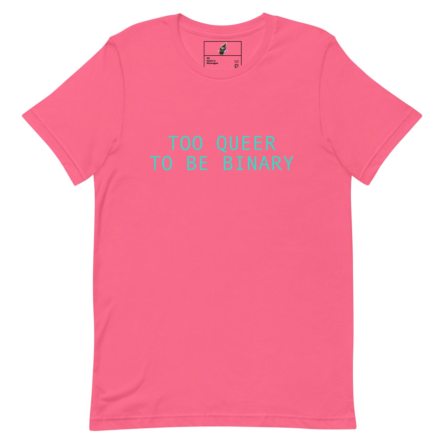 A pink short-sleeve crewneck t-shirt with the text 'TOO QUEER TO BE BINARY' printed in a bright cyan font across the chest. The inner neck label shows the brand 'Boringly Queer'.