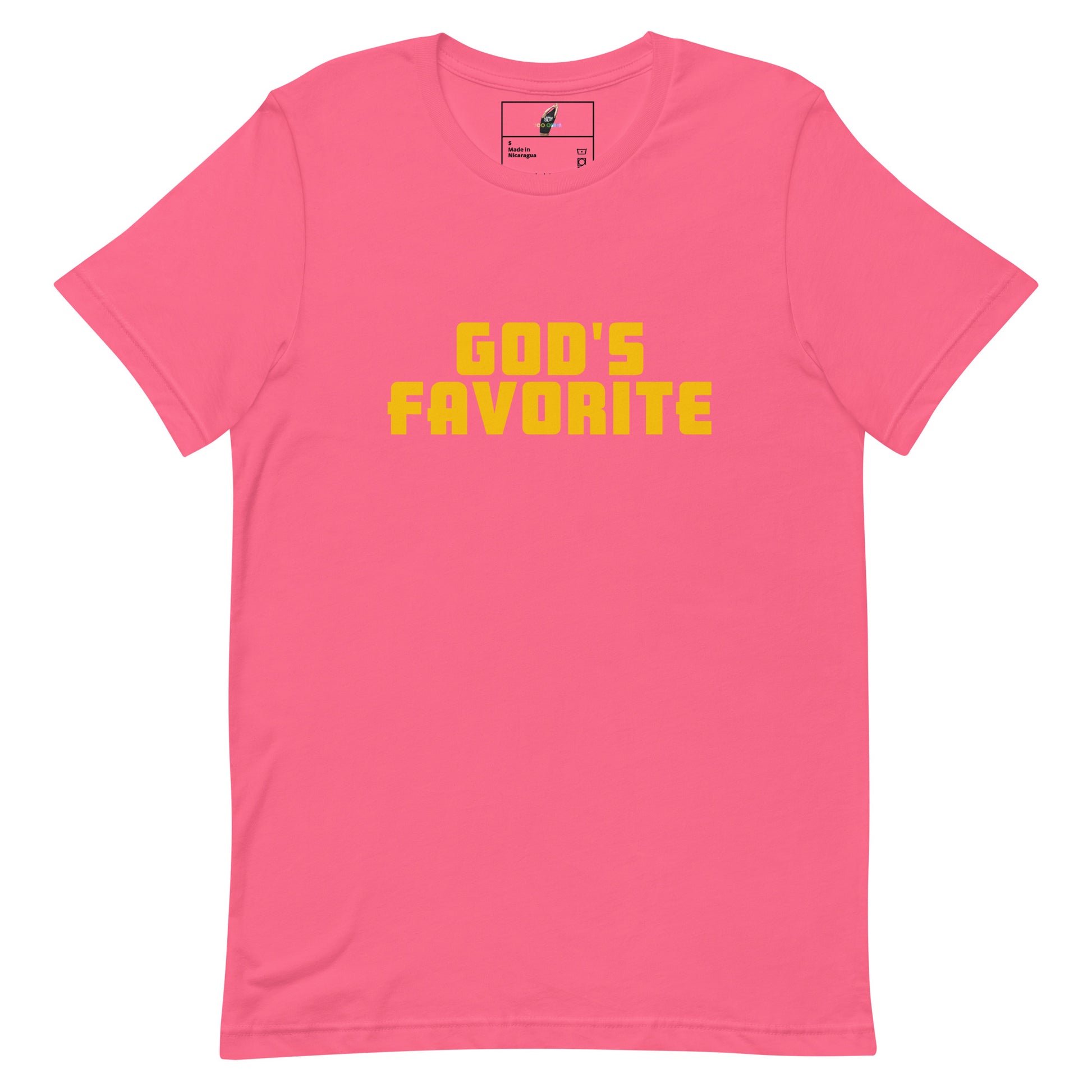 A pink short-sleeve crewneck t-shirt with the phrase 'GOD'S FAVORITE' printed in yellow block letters across the chest, displayed on a clean white background.