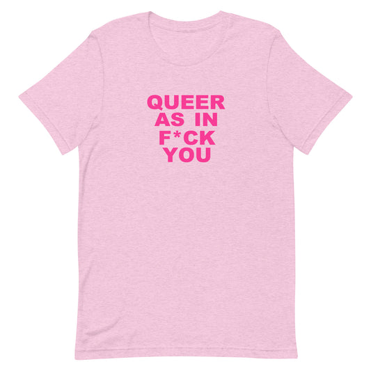 Pink t-shirt with bold text on a white background