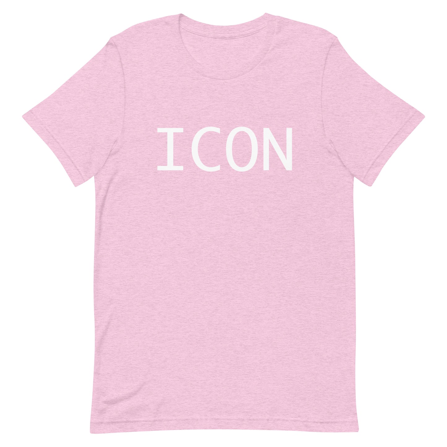 Pink t-shirt with 'ICON' printed on it against a white background