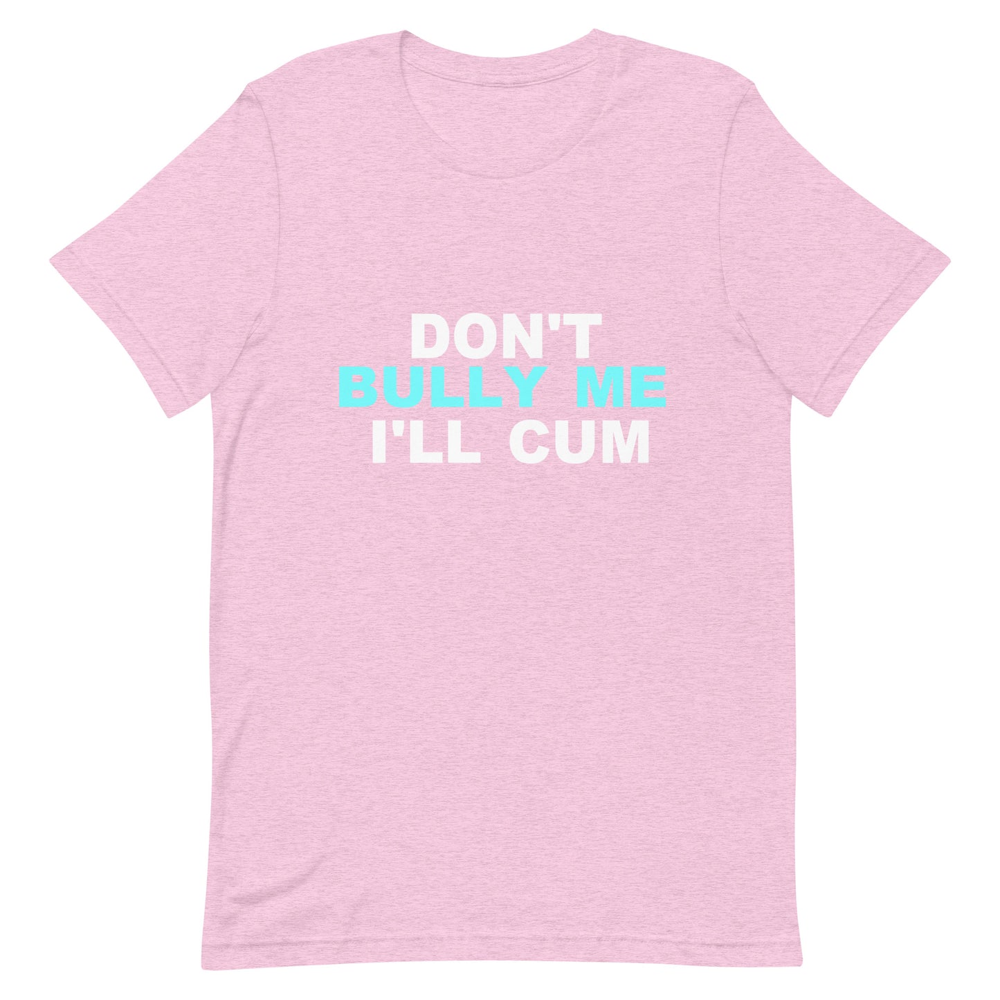 A light pink heathered short-sleeve t-shirt with a graphic text print on the chest reading 'DON'T BULLY ME I'LL CUM' in white and light blue, displayed on a solid white background.