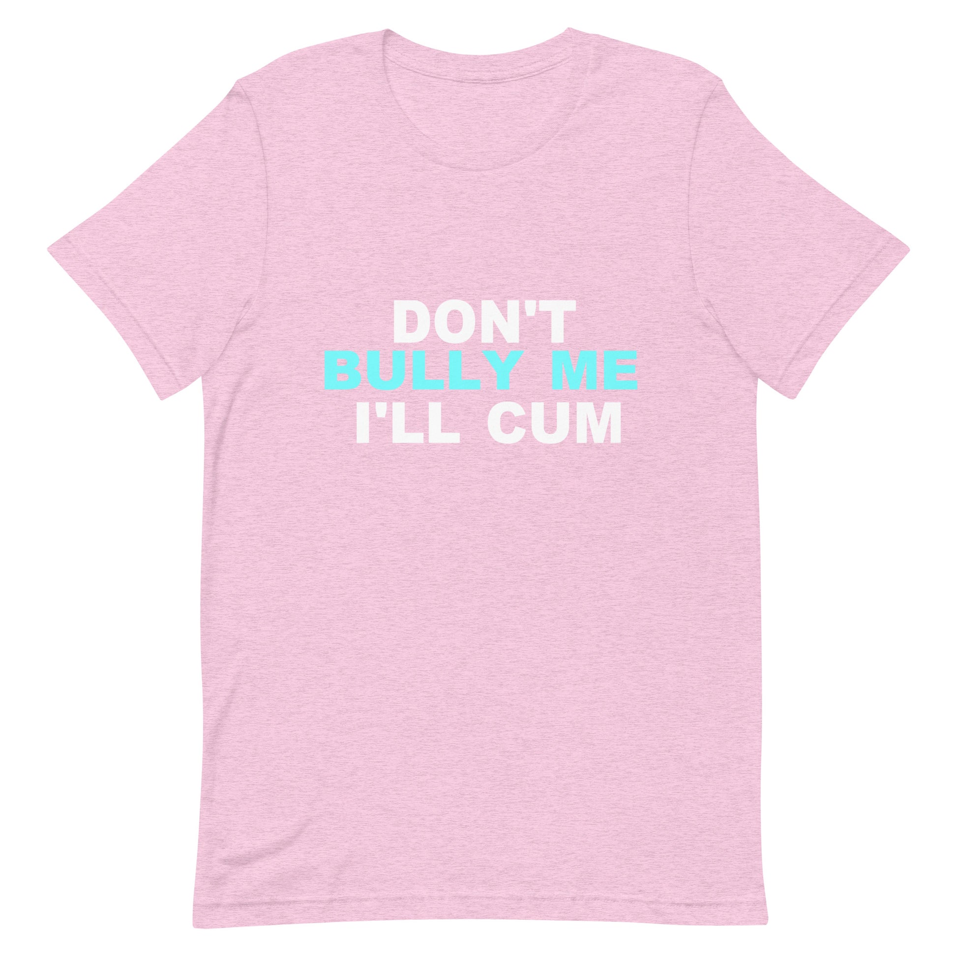 A light pink heathered short-sleeve t-shirt with a graphic text print on the chest reading 'DON'T BULLY ME I'LL CUM' in white and light blue, displayed on a solid white background.