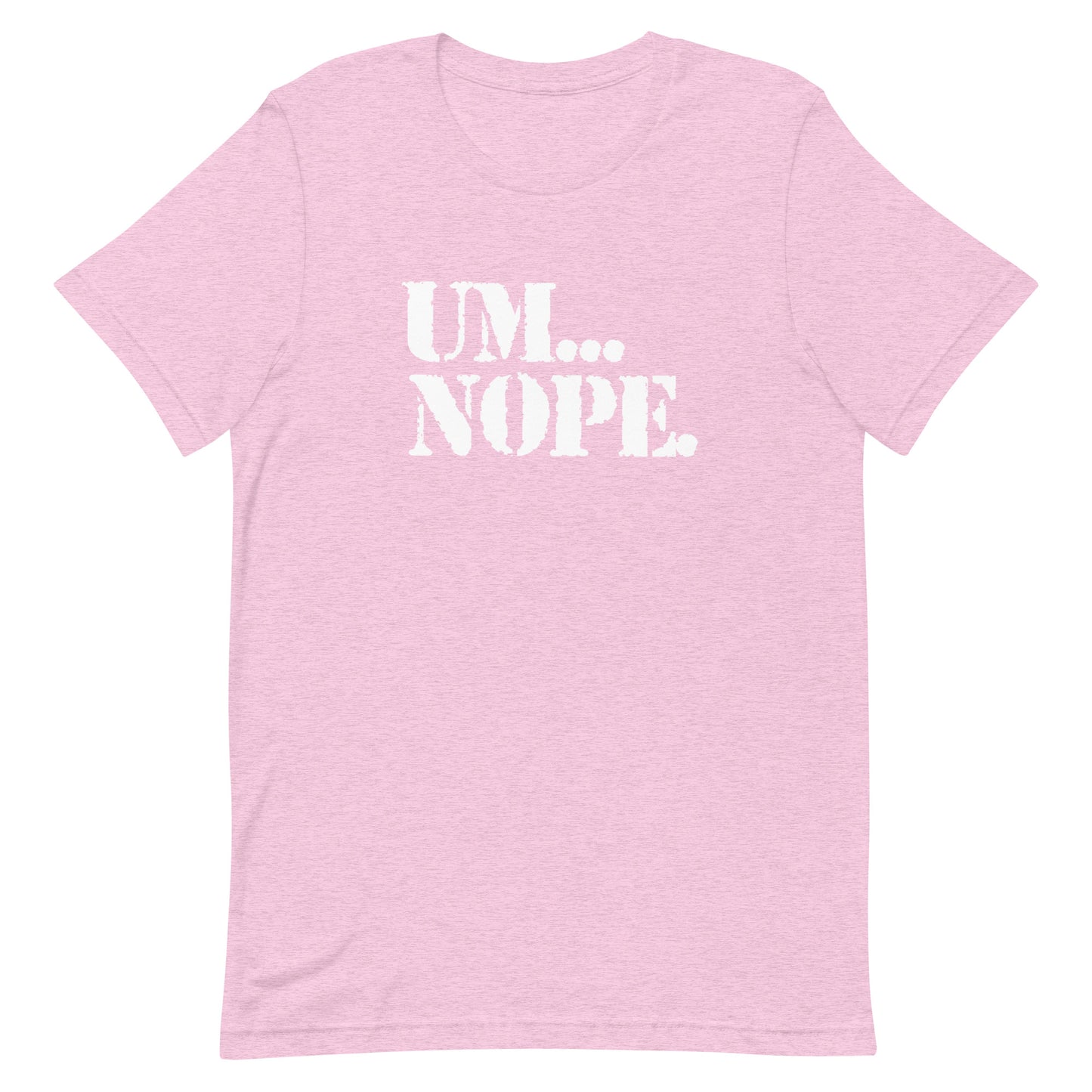 A light pink heathered short-sleeve t-shirt with the text 'UM.