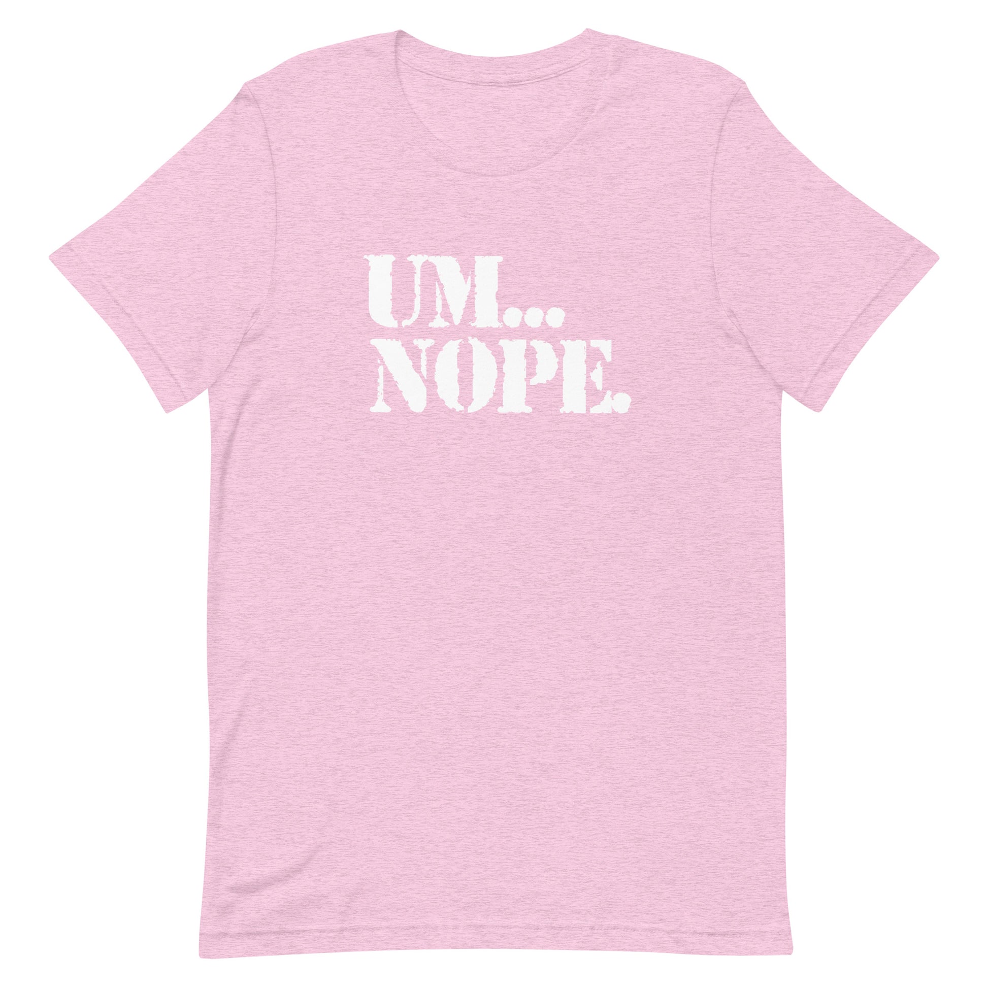 A light pink heathered short-sleeve t-shirt with the text 'UM.