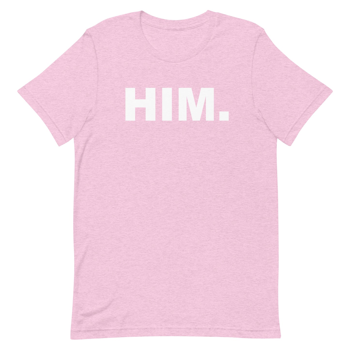 A light pink heathered short-sleeve t-shirt with the word 'HIM.' printed in bold white capital letters across the chest, shown against a plain white background.