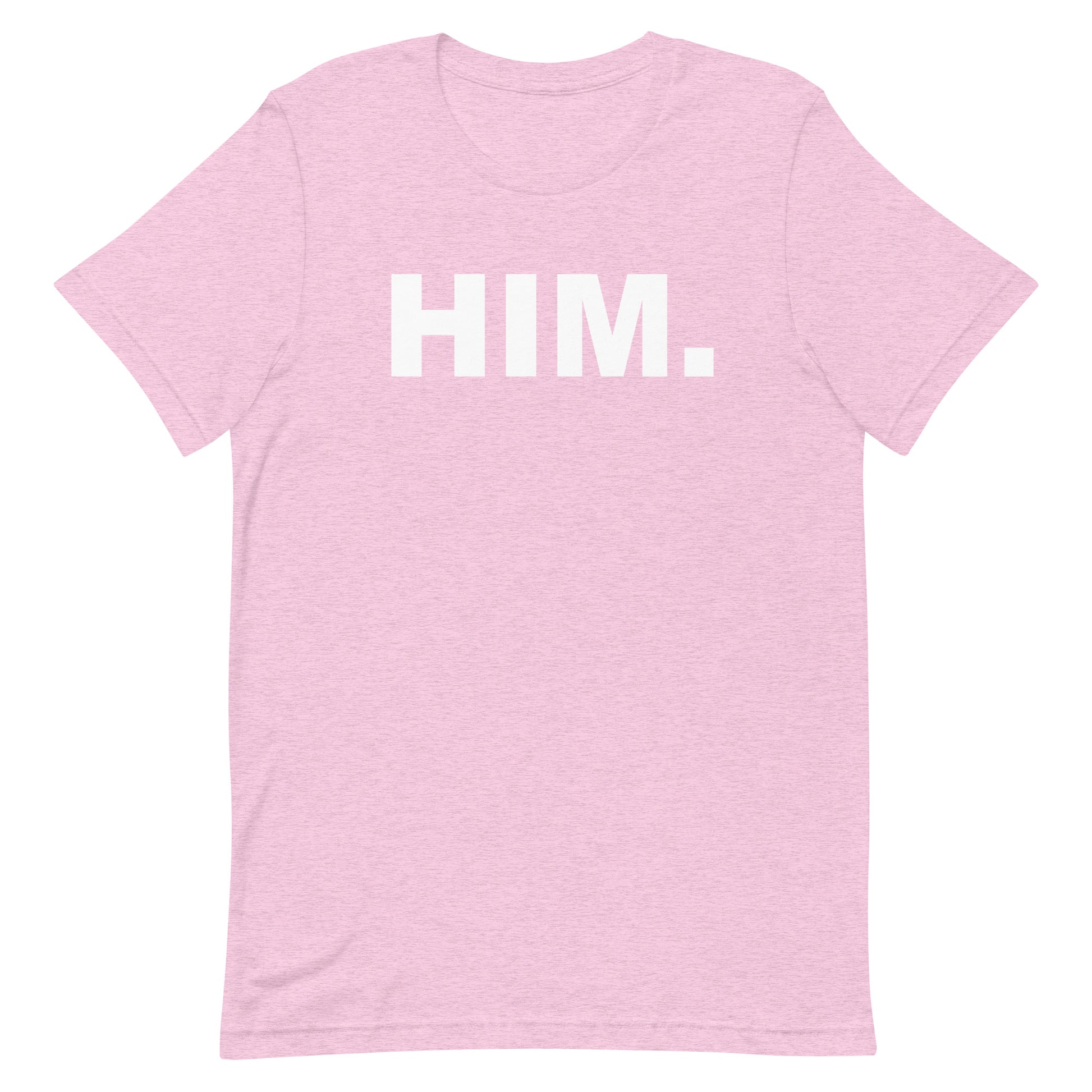 A light pink heathered short-sleeve t-shirt with the word 'HIM.' printed in bold white capital letters across the chest, shown against a plain white background.