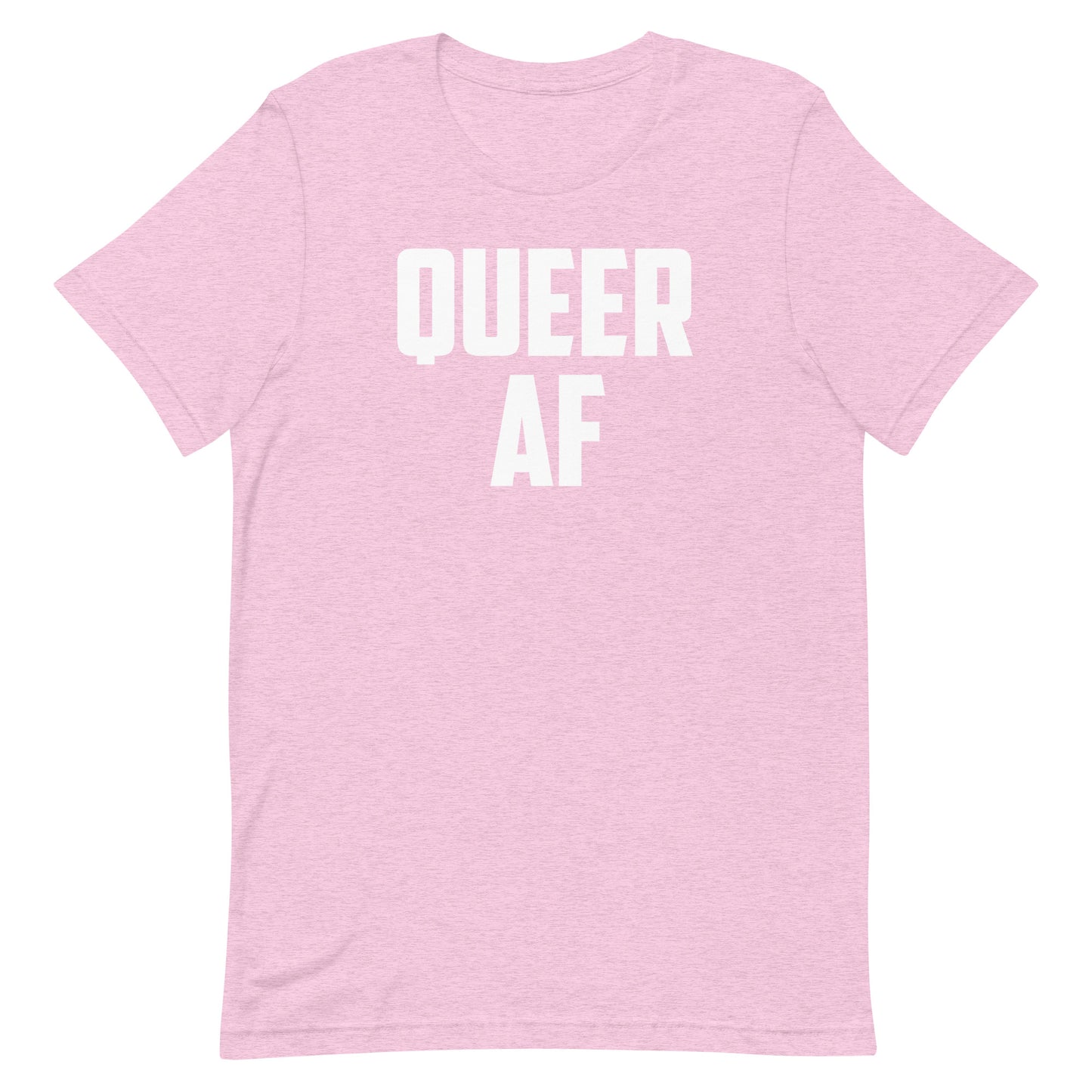 A light pink heathered short-sleeve t-shirt with the words 'QUEER AF' printed in bold white capital letters across the chest, displayed on a solid white background.