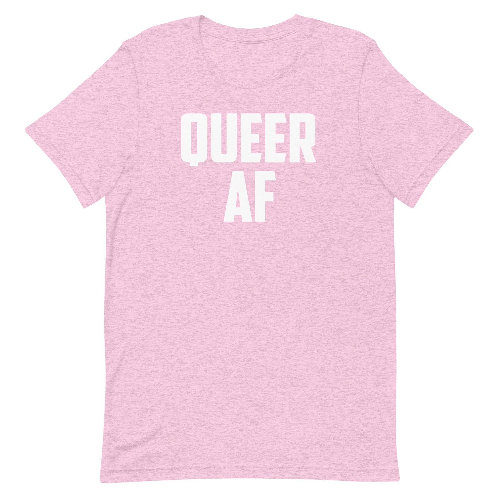 A light pink heathered short-sleeve t-shirt with the words 'QUEER AF' printed in bold white capital letters across the chest, displayed on a solid white background.