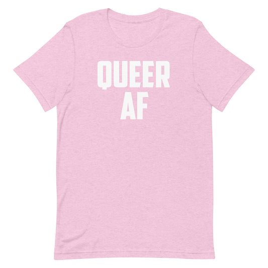 A light pink heathered short-sleeve t-shirt with the words 'QUEER AF' printed in bold white capital letters across the chest, displayed on a solid white background.