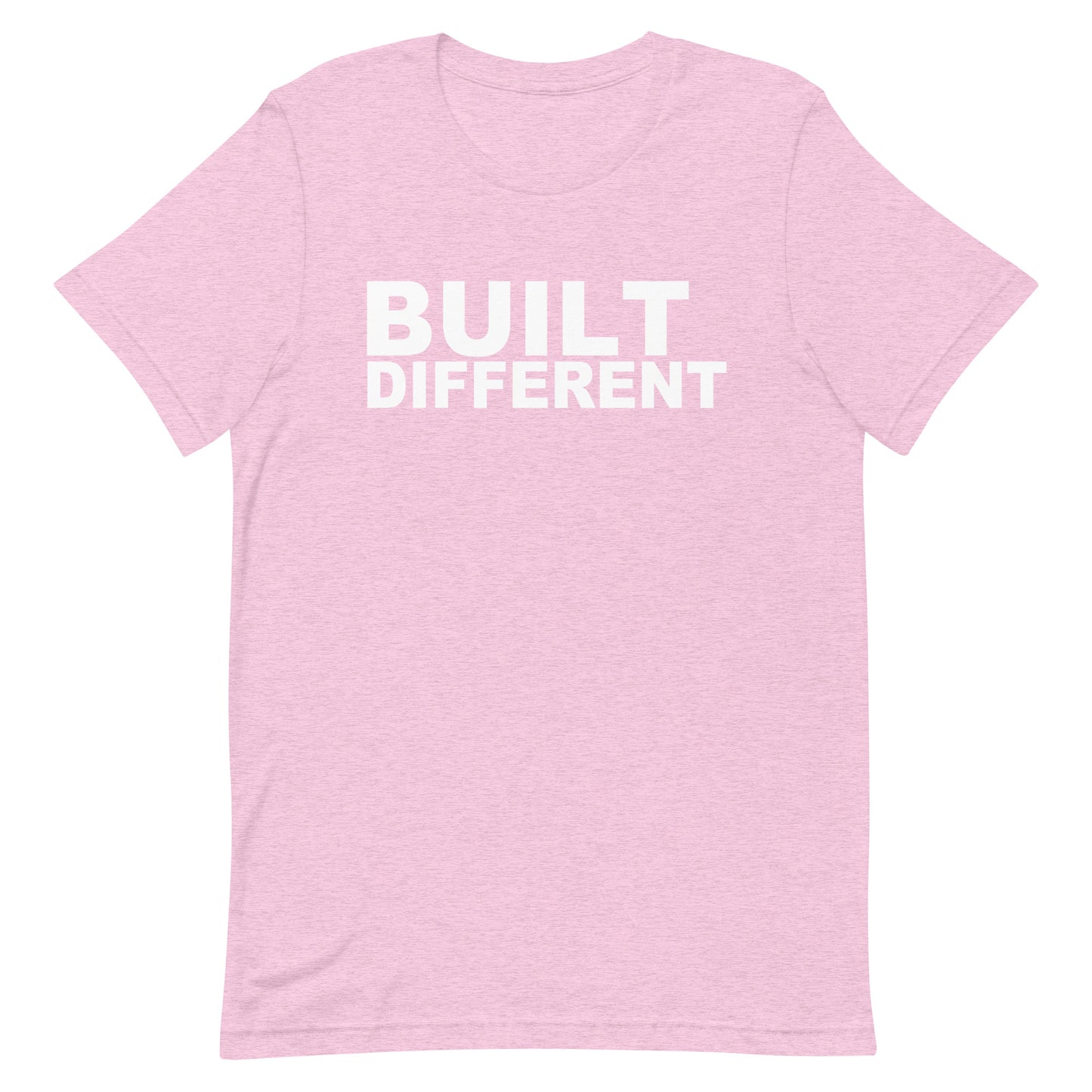A light pink heathered short-sleeve t-shirt with the words 'BUILT DIFFERENT' printed in bold white capital letters across the chest, displayed on a solid white background.