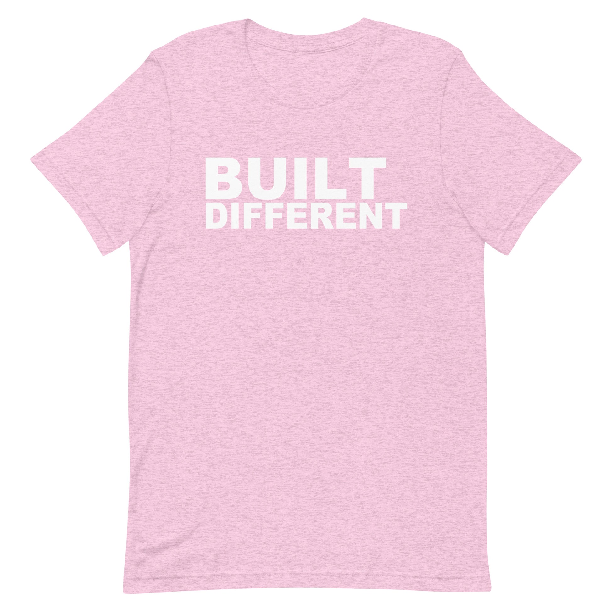A light pink heathered short-sleeve t-shirt with the words 'BUILT DIFFERENT' printed in bold white capital letters across the chest, displayed on a solid white background.