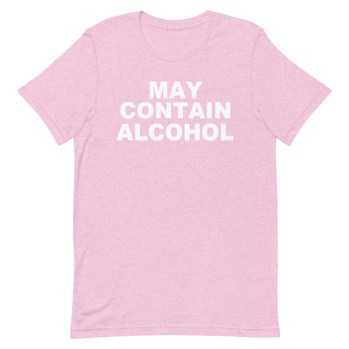 A light pink heathered short-sleeve t-shirt with the text 'MAY CONTAIN ALCOHOL' printed in bold white capital letters across the chest, displayed on a solid white background.