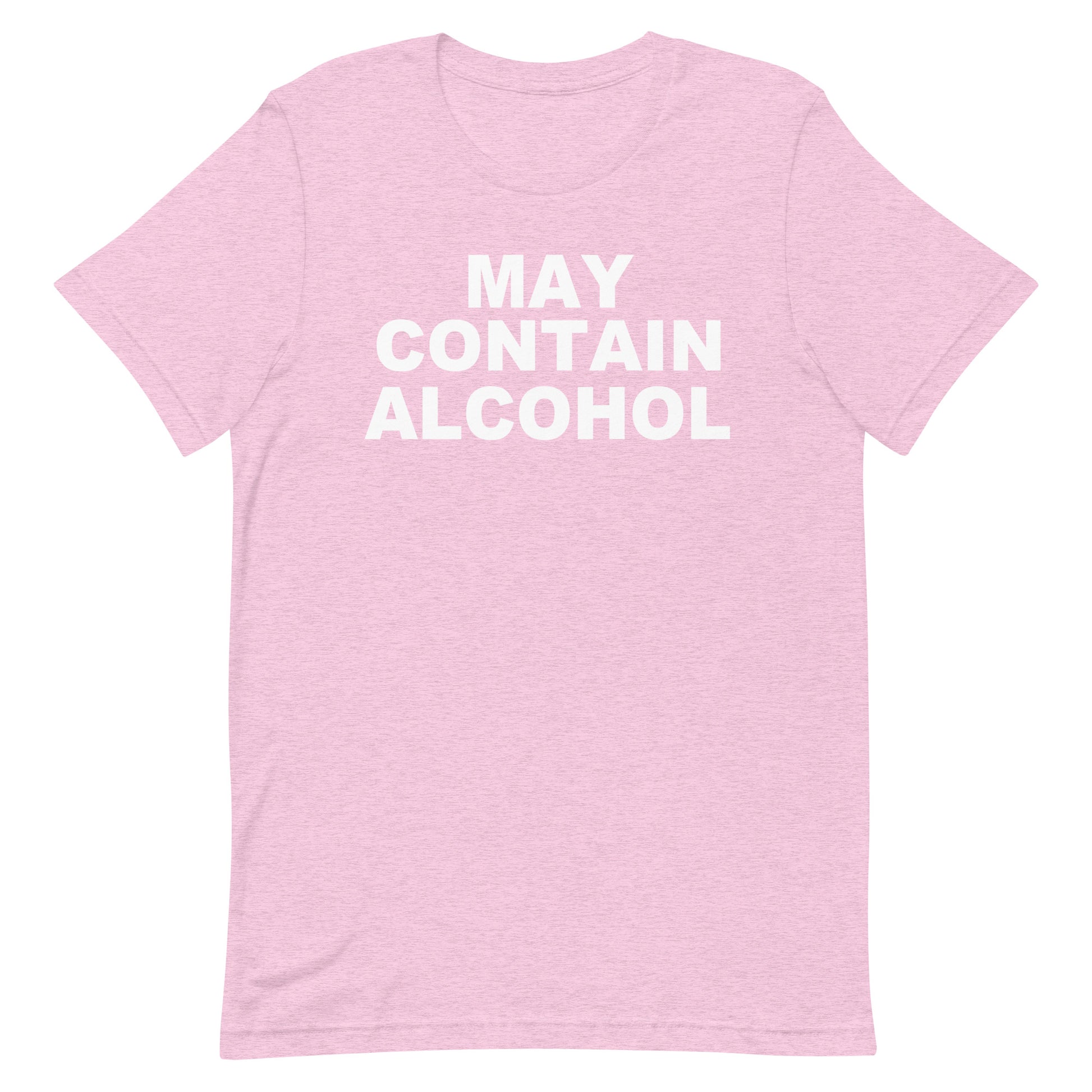 A light pink heathered short-sleeve t-shirt with the text 'MAY CONTAIN ALCOHOL' printed in bold white capital letters across the chest, displayed on a solid white background.