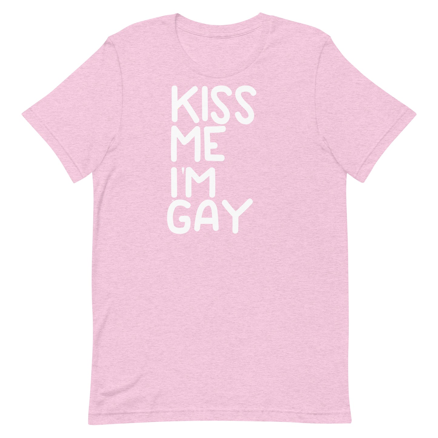 A light pink heathered short-sleeve t-shirt with the phrase 'KISS ME I'M GAY' printed vertically in bold white capital letters on the front, displayed against a solid white background.