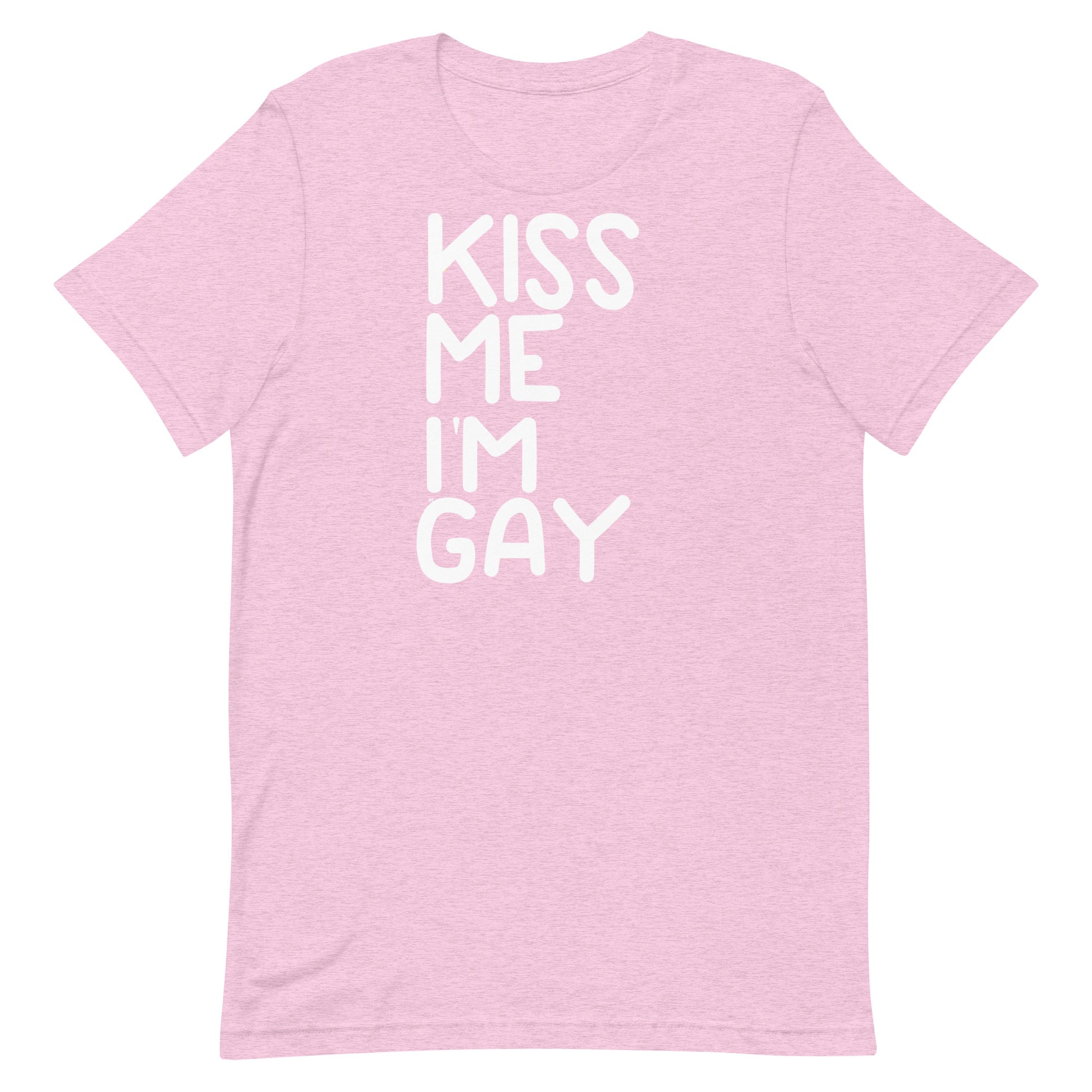 A light pink heathered short-sleeve t-shirt with the phrase 'KISS ME I'M GAY' printed vertically in bold white capital letters on the front, displayed against a solid white background.