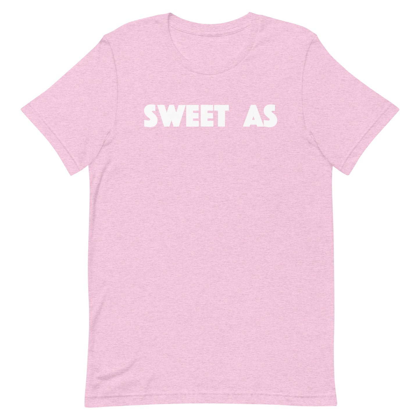 A light pink short-sleeve crewneck t-shirt with the words 'SWEET AS' printed in bold white capital letters across the chest, displayed on a solid white background.