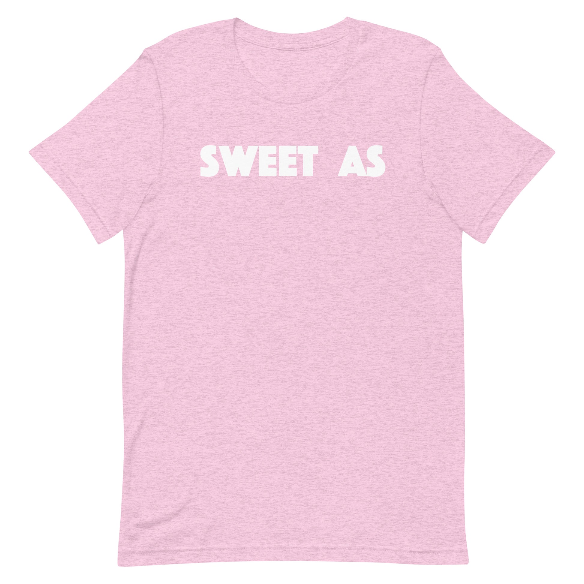 A light pink short-sleeve crewneck t-shirt with the words 'SWEET AS' printed in bold white capital letters across the chest, displayed on a solid white background.