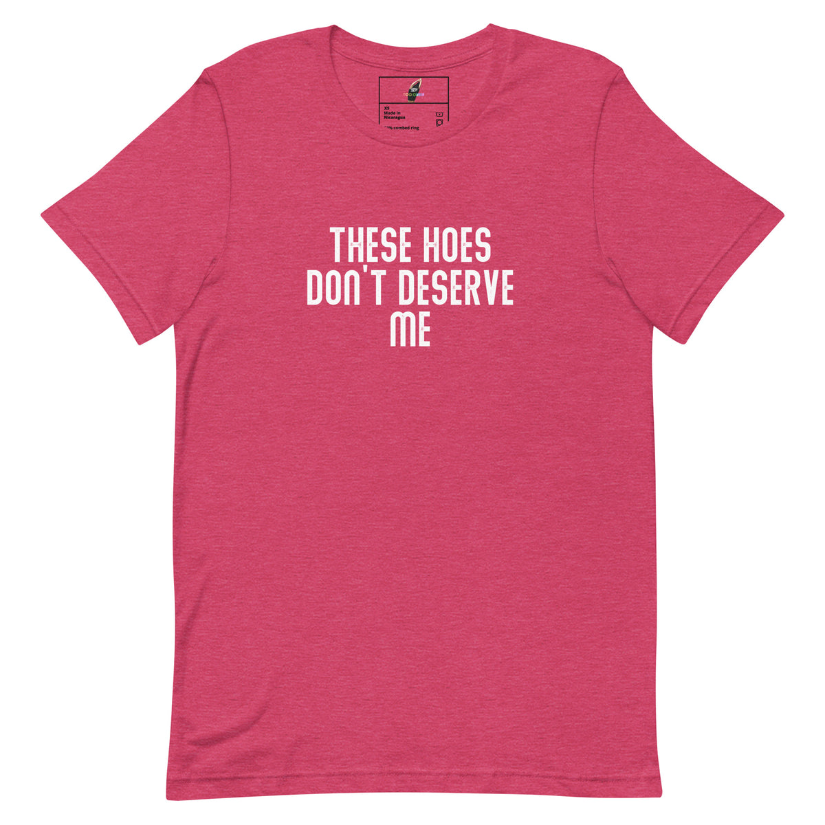 A heather pink short-sleeve t-shirt with the text 'THESE HOES DON'T DESERVE ME' printed in white across the chest, displayed on a solid white background.